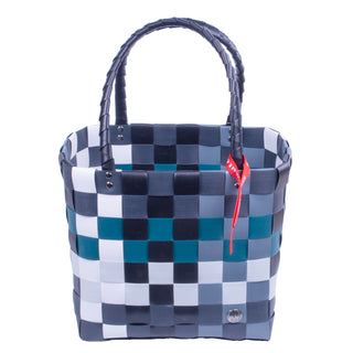 Der Witzgall Shopper 5009-56 verfügt über ein Karodesign mit schwarzen, grauen und grünen Quadraten, robusten schwarzen Griffen und einem roten Etikett.