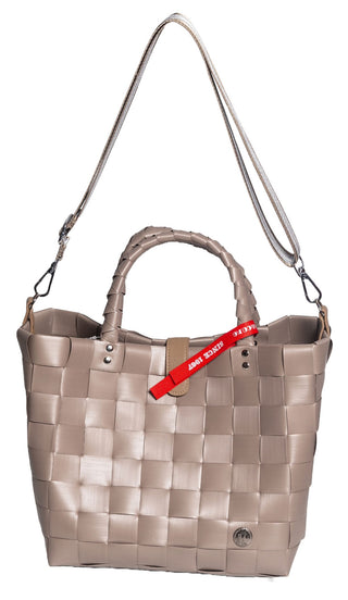 Ein Witzgall Shopper Limone 5019-52/0U in Taupe mit zwei Tragegriffen und einem abnehmbaren Schultergurt.