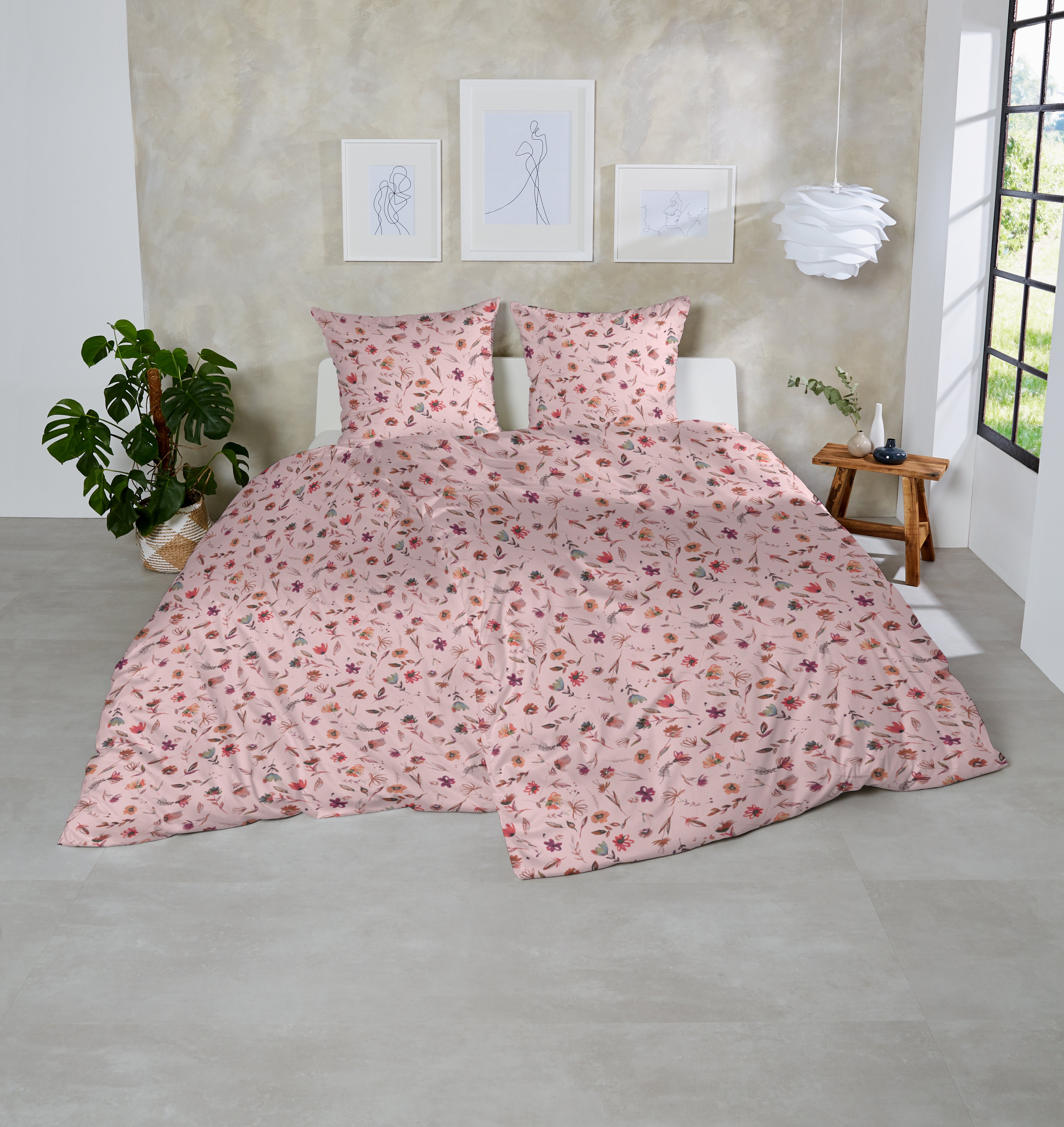 Zeo Living Feinbiber-Bettwäsche Blumen Rosa