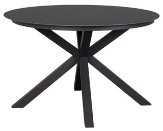 Der DeVries Dining-Tisch Livingston Ø120cm ist ein runder, schwarzer Tisch mit einem vierbeinigen, eckigen Säulenfuß, der ein modernes Design aufweist und aus langlebigem Sinterstein gefertigt ist.