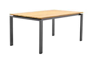 Der KETTLER Gartentisch Roma von Kettler ist ein 160 x 95 cm großer Tisch mit einer hellen, teakholzbraunen Holzplatte und robusten schwarzen Metallbeinen.