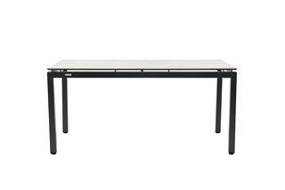 Vorderansicht des MWH Dining-Tisch Royal Comper 160x90 mit minimalistischem, rechteckigem Design mit kratzfester weißer Tischplatte und stabilen schwarzen Metallbeinen.