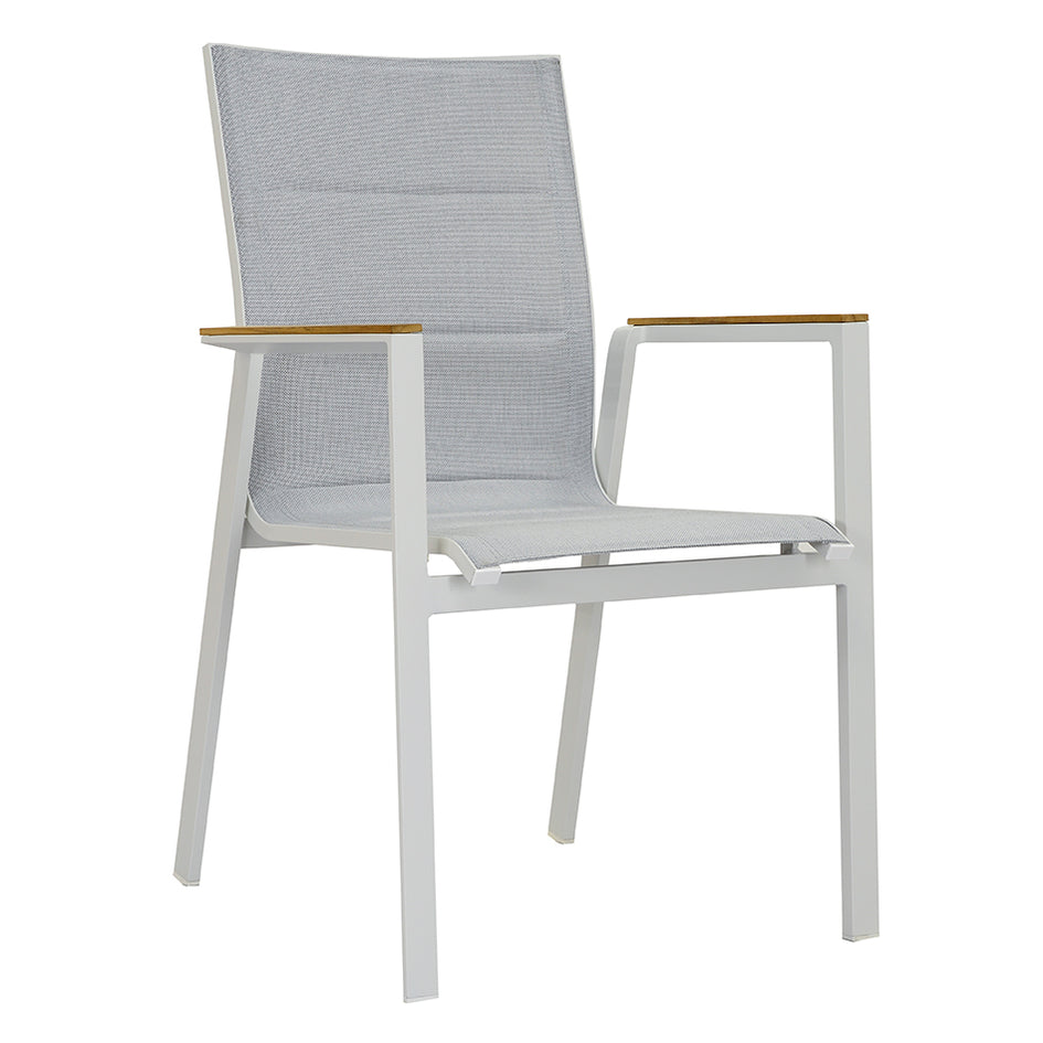 ZEO LIVING Chelsea Stapelstuhl Alu gepaddet weiß m. Teakarm » Zeo Living